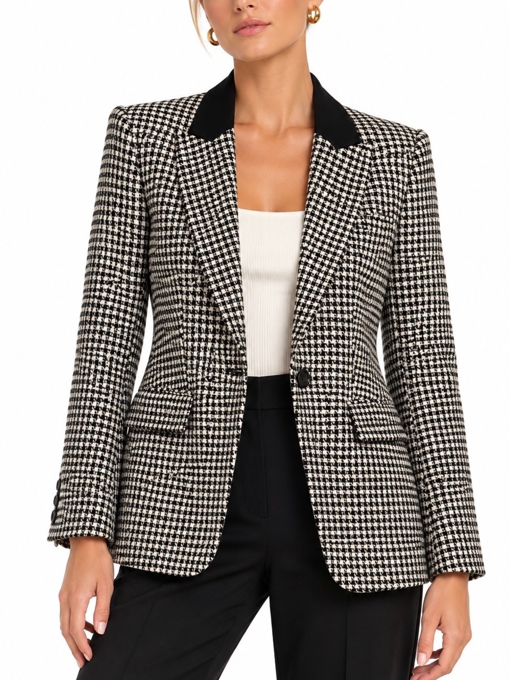 Veronica Beard Virgin Wool Dickey Jacket Houndstooth Blazer 10 Black White